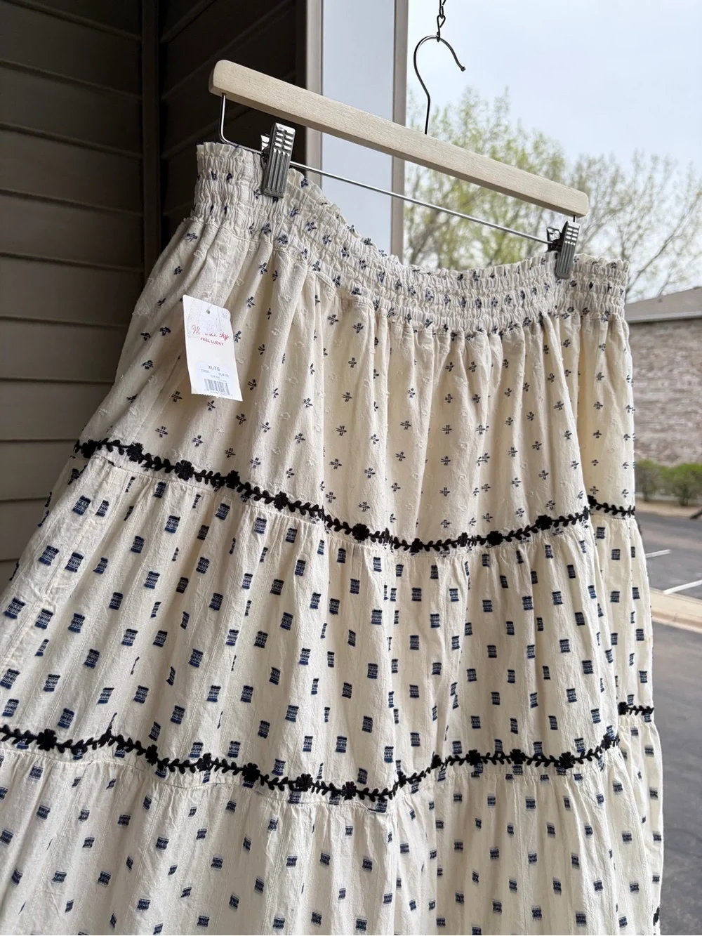 🆕✨Lucky Brand Boho Tiered Midi Skirt Cream Smocked Waist XL Cottagecore Peasant - Picture 6 of 17